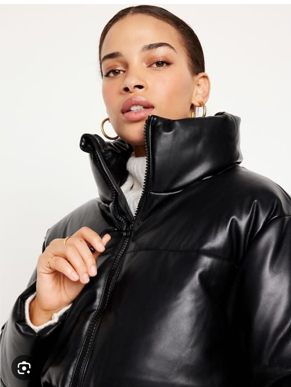 Old Navy Black Mock Neck Faux Leather Puffer Jacket